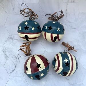 Patriotic Holiday Tin Jingle Bells Set - Stars and Stripes Christmas Ornaments